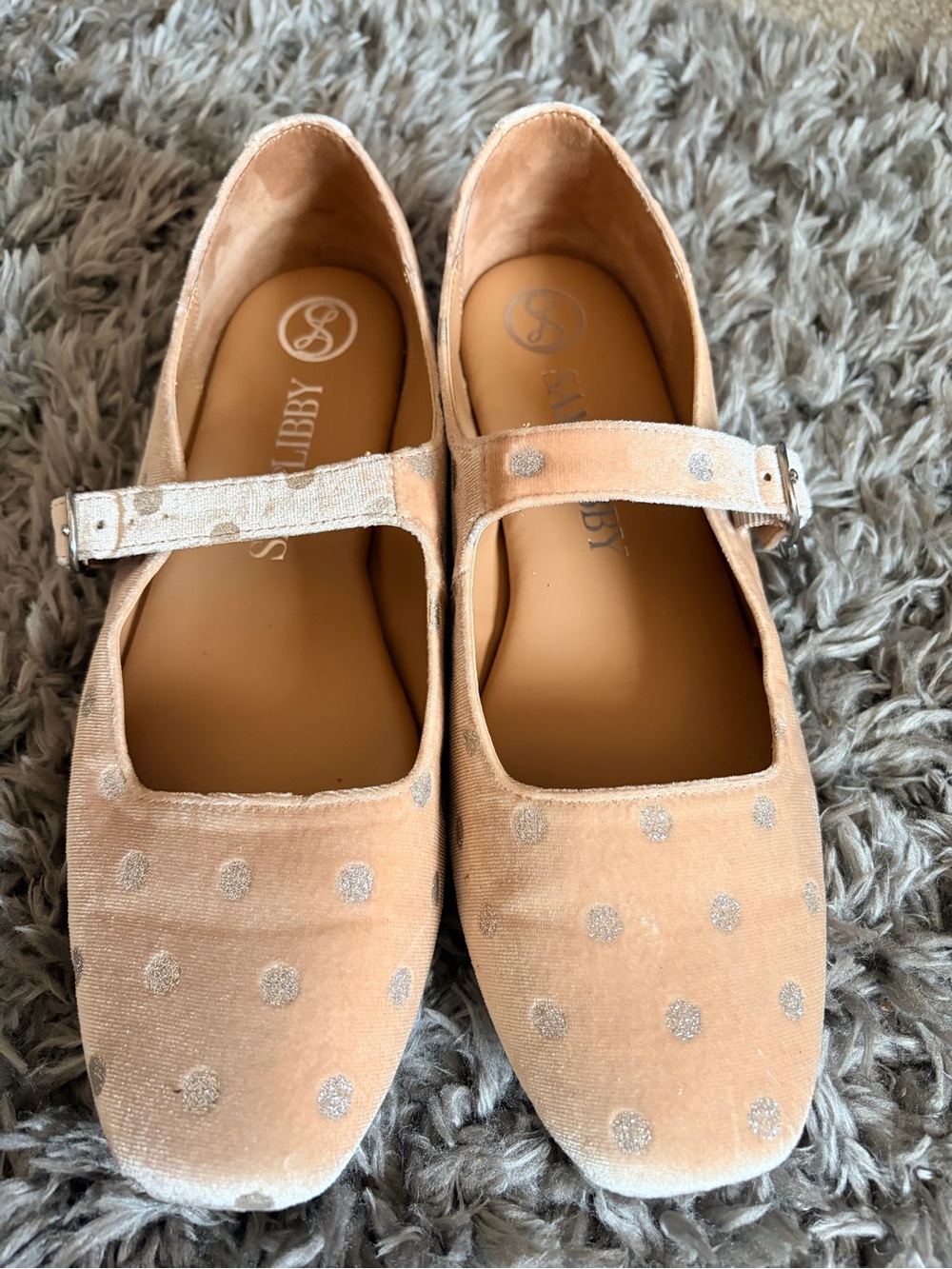 Women's Peach Velvet Mary Jane Flats with Silver Polka Dots
